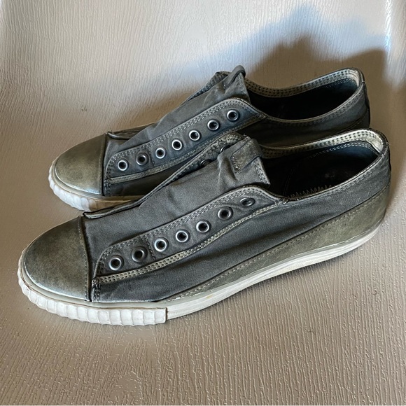 John Varvatos Classic Vulc Laceless Leather & Canvas Sneakers Gray Green Men 10